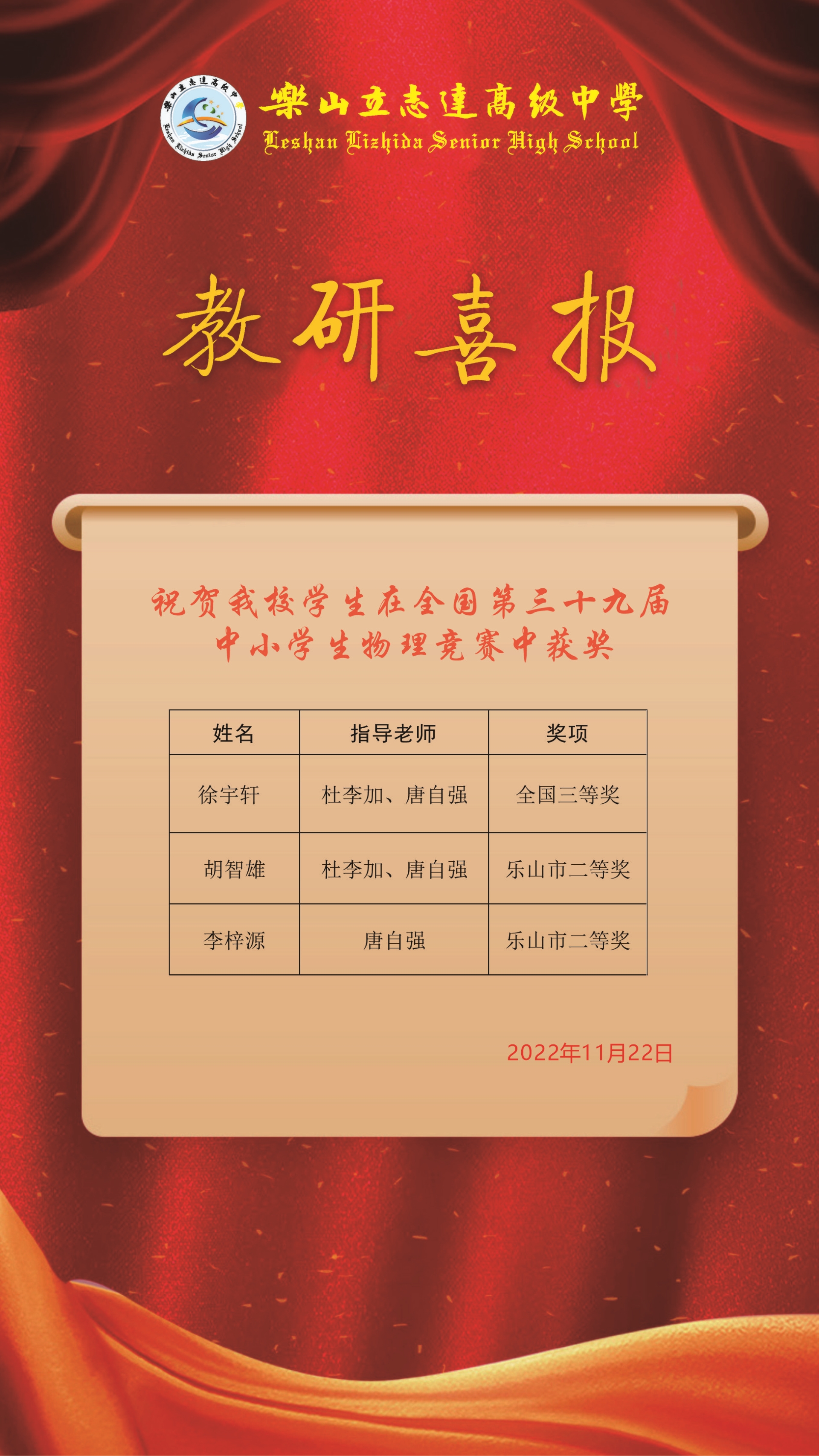 喜報(bào)  我校學(xué)子喜獲第39屆全國(guó)中小學(xué)生物理競(jìng)賽大獎(jiǎng)