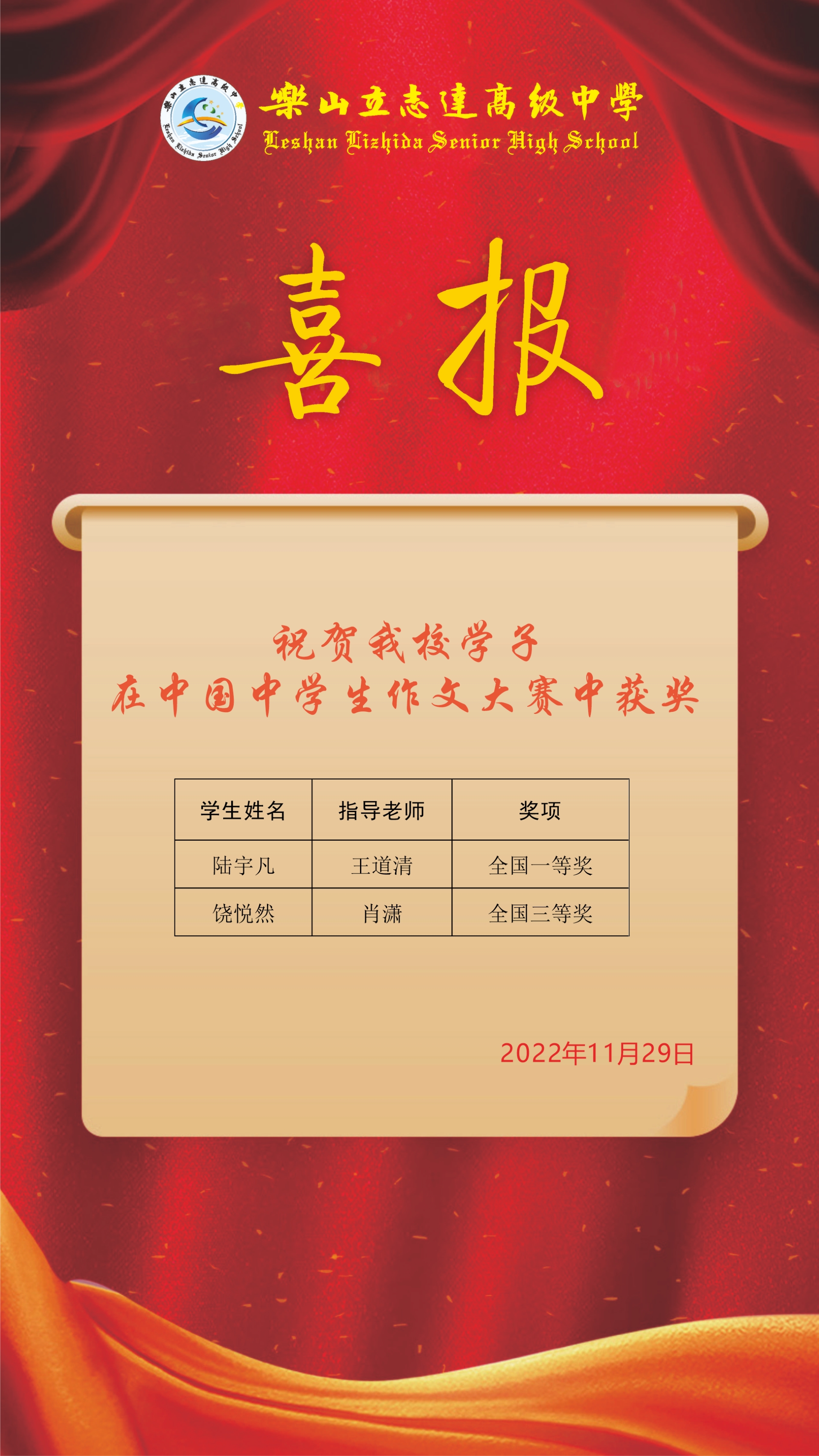 喜報(bào) 我校學(xué)子喜獲中國(guó)中學(xué)生作文大賽大獎(jiǎng)