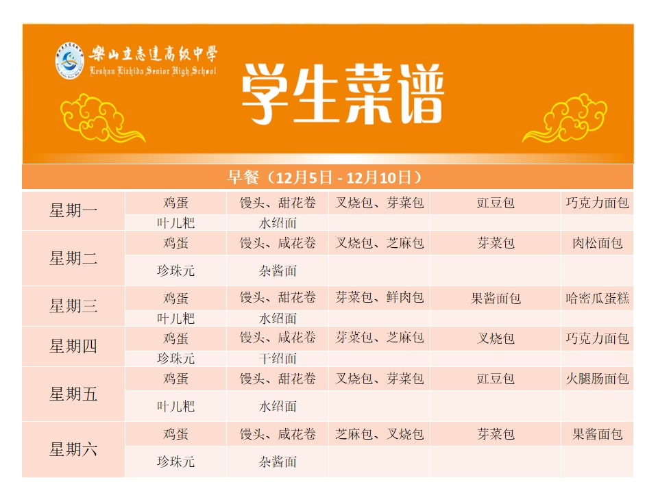 立志達高級中學菜譜（12月5日—12月10日）